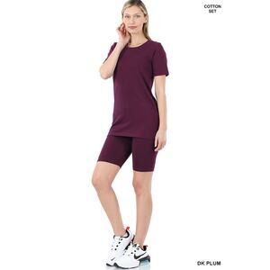 Cotton Crew Neck Short Sleeve top & biker Shorts set (Dark Plum)-Medium